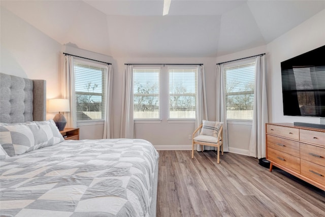 108 Windgate Dr, Hutto, TX 78634 - bedroom featuring light wood-style flooring, multiple windows, high vaulted ceiling, and baseboards