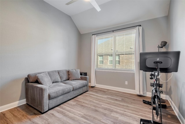 108 Windgate Dr, Hutto, TX 78634 - exercise area with lofted ceiling, a ceiling fan, and light wood-type flooring
