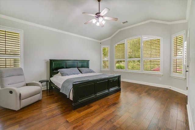 10524 Roy Butler Dr, Austin, TX 78717 - bedroom featuring dark wood-type flooring, lofted ceiling, baseboards, crown molding, and ceiling fan