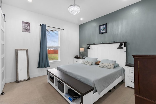 123 Zacate St, Elgin, TX 78621 - bedroom with light colored carpet, recessed lighting, and a chandelier