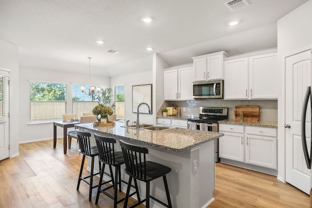 107 Nathaniel Dr, Taylor, TX 76574 - kitchen featuring appliances with stainless steel finishes, a sink, backsplash, a kitchen island with sink, and light stone counters