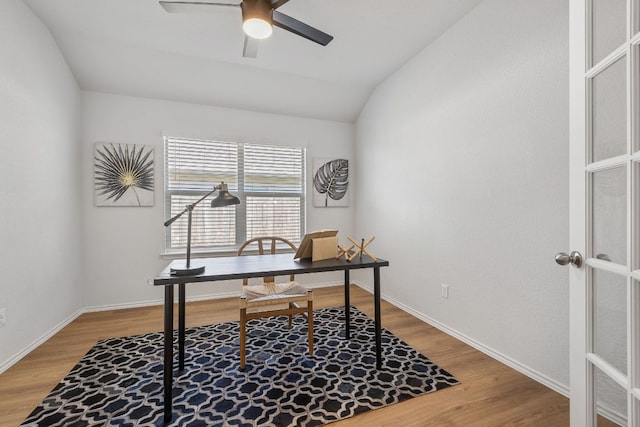 107 Nathaniel Dr, Taylor, TX 76574 - office space with ceiling fan, light wood-type flooring, vaulted ceiling, and baseboards