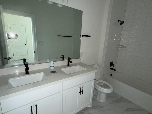 245 Darley Oak Dr, Dripping Springs, TX 78620 - full bath with double vanity, toilet, marble look tiles, and shower / tub combination