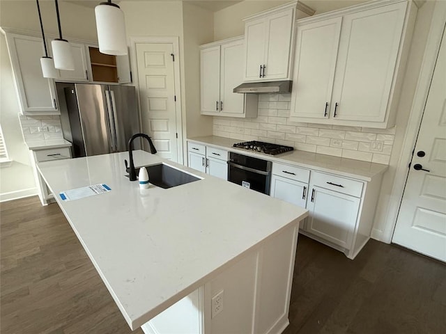 245 Darley Oak Dr, Dripping Springs, TX 78620 - kitchen featuring appliances with stainless steel finishes, a sink, under cabinet range hood, dark wood-type flooring, and an island with sink