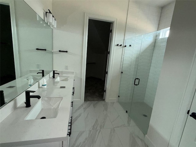 245 Darley Oak Dr, Dripping Springs, TX 78620 - full bath featuring marble finish floors, a shower stall, and double vanity