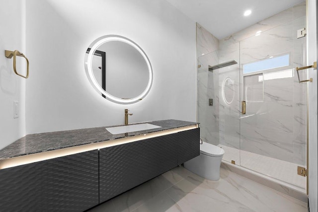 101 S Lake Hills Dr, Austin, TX 78733 - full bath with a marble finish shower, vanity, and marble finish flooring