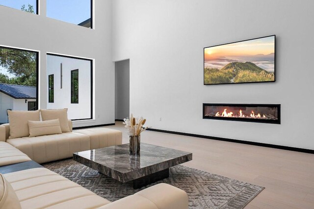 101 S Lake Hills Dr, Austin, TX 78733 - living room featuring a glass covered fireplace, wood finished floors, and a towering ceiling