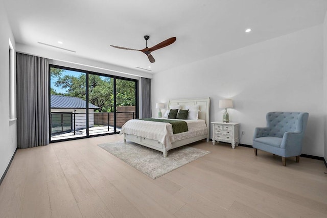 101 S Lake Hills Dr, Austin, TX 78733 - bedroom featuring access to exterior, wood finished floors, recessed lighting, and a ceiling fan