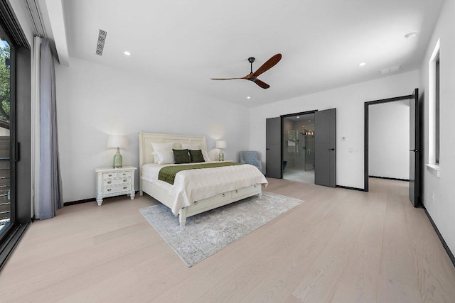 101 S Lake Hills Dr, Austin, TX 78733 - bedroom featuring light wood-style floors, recessed lighting, ceiling fan, and ensuite bathroom