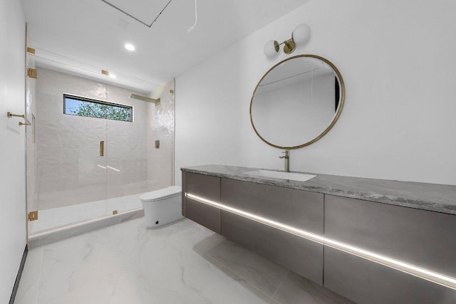 101 S Lake Hills Dr, Austin, TX 78733 - full bathroom featuring vanity, marble finish flooring, a stall shower, toilet, and recessed lighting