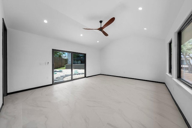 101 S Lake Hills Dr, Austin, TX 78733 - empty room featuring recessed lighting, lofted ceiling, a ceiling fan, baseboards, and marble finish flooring