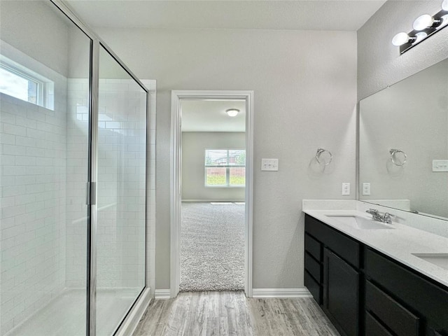 2721 Bridekirk Dr, Round Rock, TX 78664 - bathroom with plenty of natural light, wood finished floors, double vanity, and a shower stall