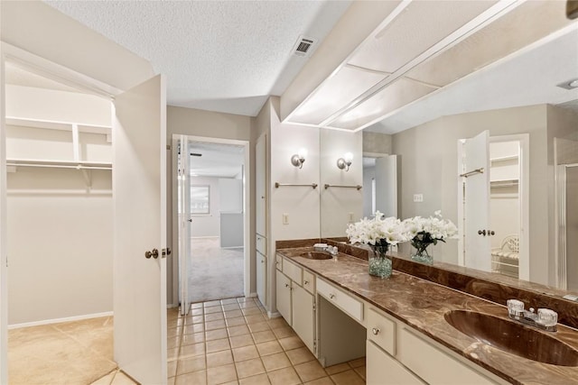12701 Poquoson Dr, Austin, TX 78727 - bathroom with a spacious closet, double vanity, tile patterned flooring, baseboards, and a textured ceiling