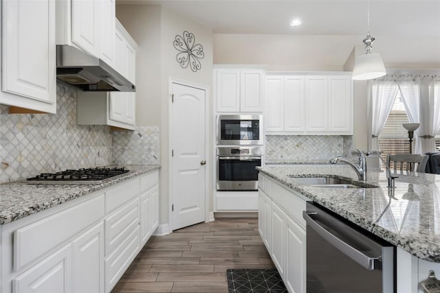 213 Russet Trl, Georgetown, TX 78628 - kitchen featuring stainless steel appliances, under cabinet range hood, white cabinetry, dark wood-style floors, and tasteful backsplash
