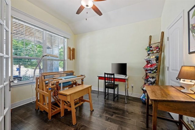 213 Russet Trl, Georgetown, TX 78628 - dining area featuring a ceiling fan, lofted ceiling, plenty of natural light, dark wood finished floors, and baseboards