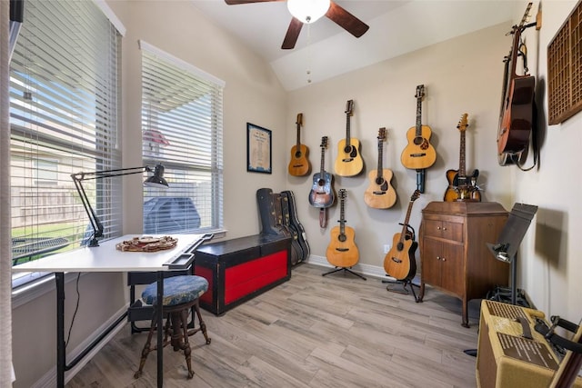 213 Russet Trl, Georgetown, TX 78628 - office area featuring vaulted ceiling, a ceiling fan, wood finished floors, and baseboards