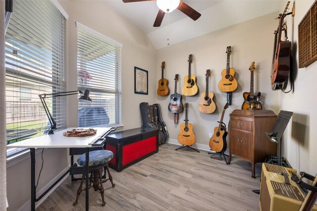 213 Russet Trl, Georgetown, TX 78628 - office area featuring lofted ceiling, a ceiling fan, and wood finished floors