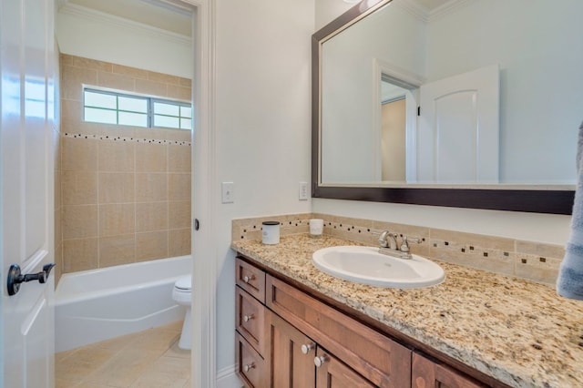 421 Huck Finn Trl, Dripping Springs, TX 78620 - full bath with vanity, toilet, crown molding, shower / bath combination, and tile patterned flooring