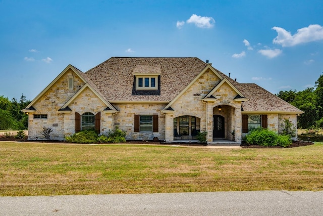 421 Huck Finn Trl, Dripping Springs, TX 78620 - french country home with stone siding, a front yard, and roof with shingles