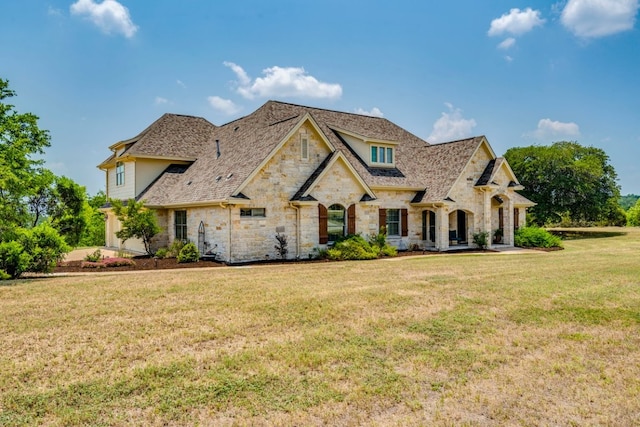 421 Huck Finn Trl, Dripping Springs, TX 78620 - french country style house featuring stone siding and a front lawn