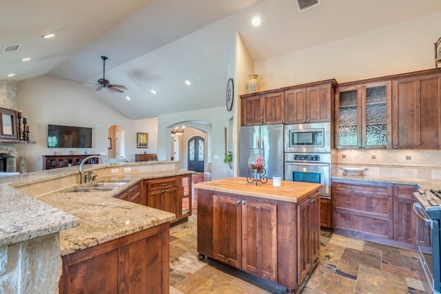 421 Huck Finn Trl, Dripping Springs, TX 78620 - kitchen featuring stainless steel appliances, arched walkways, a sink, a spacious island, and high vaulted ceiling