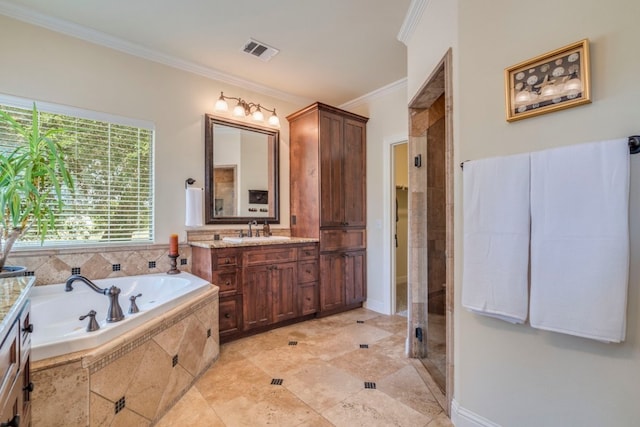 421 Huck Finn Trl, Dripping Springs, TX 78620 - full bathroom with vanity, crown molding, a garden tub, and a stall shower