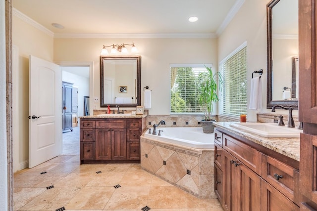 421 Huck Finn Trl, Dripping Springs, TX 78620 - bathroom with two vanities, a garden tub, crown molding, and tile patterned flooring