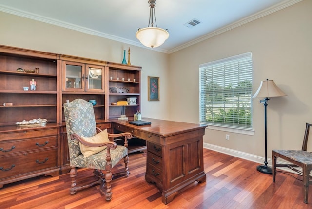 421 Huck Finn Trl, Dripping Springs, TX 78620 - office space with ornamental molding, wood finished floors, and baseboards