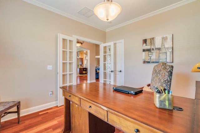 421 Huck Finn Trl, Dripping Springs, TX 78620 - home office featuring french doors, ornamental molding, arched walkways, light wood-style floors, and a chandelier