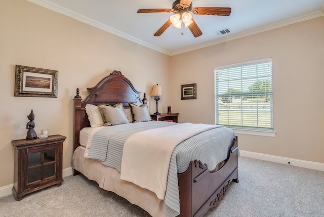421 Huck Finn Trl, Dripping Springs, TX 78620 - bedroom with light colored carpet, ornamental molding, baseboards, and a ceiling fan