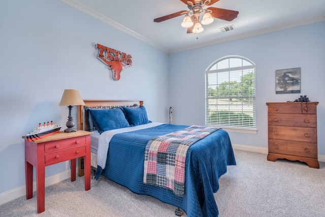 421 Huck Finn Trl, Dripping Springs, TX 78620 - bedroom featuring crown molding, carpet floors, baseboards, and ceiling fan