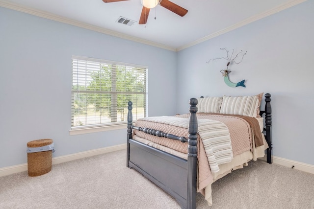 421 Huck Finn Trl, Dripping Springs, TX 78620 - bedroom with carpet, crown molding, baseboards, and ceiling fan