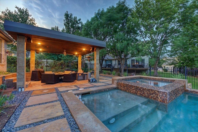 9508 Bully Hill Cv, Austin, TX 78759 - view of swimming pool featuring an outdoor hangout area, an in-ground hot tub, a fenced backyard, and a patio area