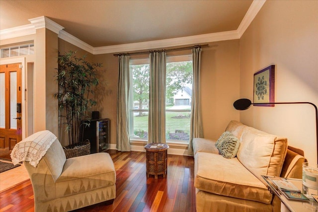 9508 Bully Hill Cv, Austin, TX 78759 - living area with dark wood-style flooring, ornamental molding, and baseboards