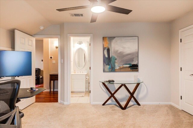 9508 Bully Hill Cv, Austin, TX 78759 - office area with carpet flooring, a ceiling fan, and vaulted ceiling