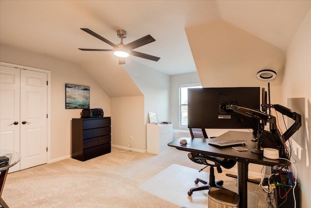 9508 Bully Hill Cv, Austin, TX 78759 - carpeted home office featuring vaulted ceiling, ceiling fan, and baseboards