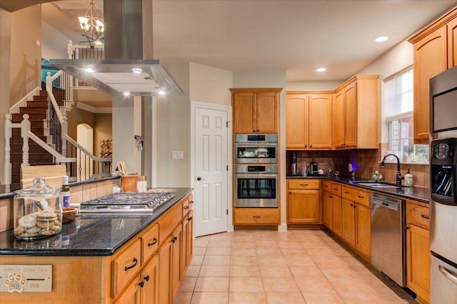 9508 Bully Hill Cv, Austin, TX 78759 - kitchen with stainless steel appliances, a sink, island range hood, tasteful backsplash, and a chandelier