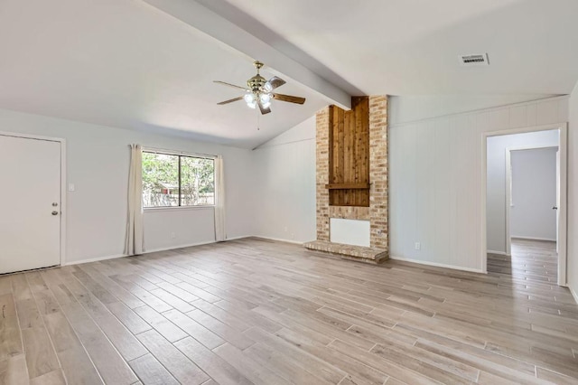 11306 Thorny Brook Trl, Austin, TX 78750 - unfurnished living room with a ceiling fan, light wood-style floors, baseboards, and a brick fireplace
