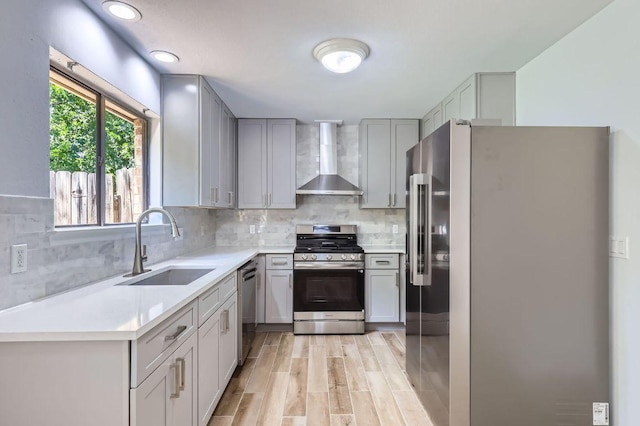 11306 Thorny Brook Trl, Austin, TX 78750 - kitchen featuring stainless steel appliances, wall chimney range hood, a sink, gray cabinets, and light countertops