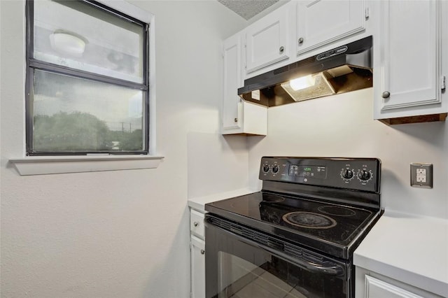4307 S 1st St Unit 104, Austin, TX 78745 - kitchen with black electric range, under cabinet range hood, white cabinets, and light countertops