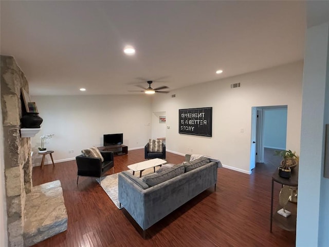 12225 Mosley Ln, Austin, TX 78727 - living room with a ceiling fan, dark wood-style floors, recessed lighting, and baseboards