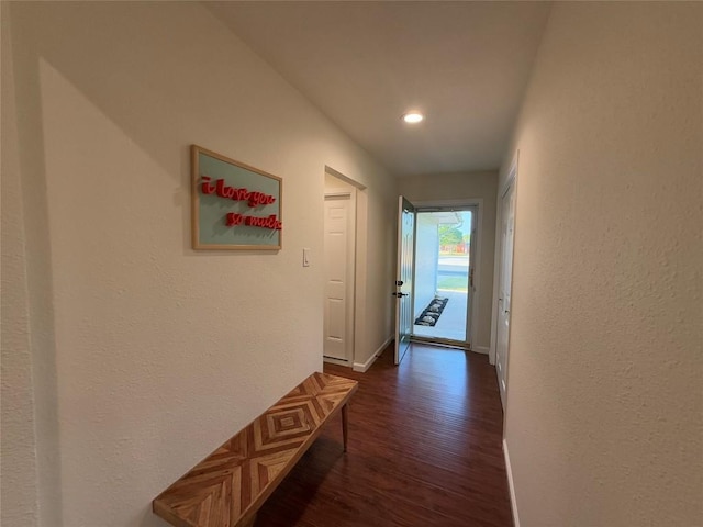 12225 Mosley Ln, Austin, TX 78727 - hall with dark wood-style floors, baseboards, and recessed lighting