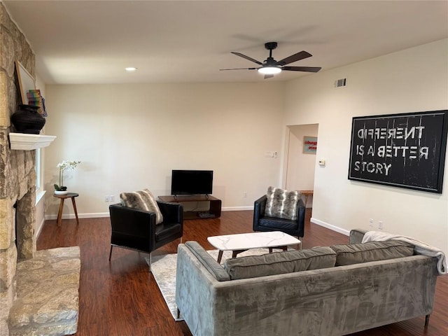 12225 Mosley Ln, Austin, TX 78727 - living room featuring ceiling fan, dark wood-style floors, a fireplace, baseboards, and recessed lighting
