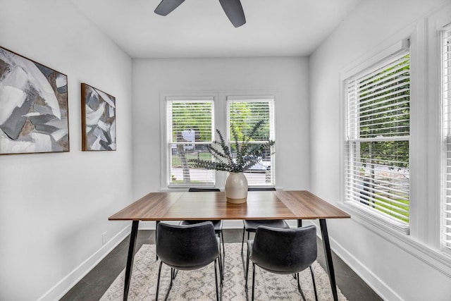 803 Josephine St, Austin, TX 78704 - dining space featuring baseboards, ceiling fan, and dark tile patterned floors