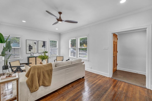 803 Josephine St, Austin, TX 78704 - living room featuring ceiling fan, dark wood-style floors, ornamental molding, healthy amount of natural light, and baseboards