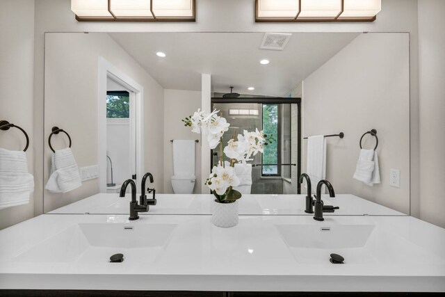 803 Josephine St, Austin, TX 78704 - full bath featuring recessed lighting, healthy amount of natural light, a stall shower, and double vanity
