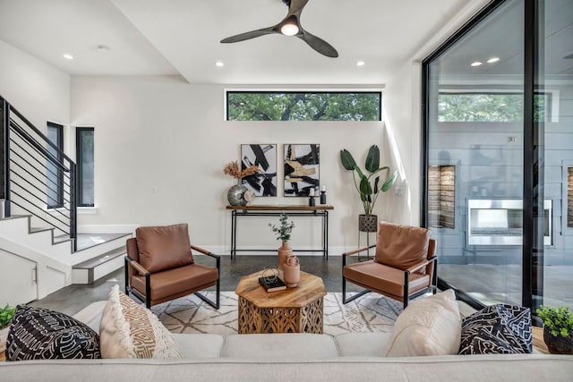 803 Josephine St, Austin, TX 78704 - living area featuring stairway, a ceiling fan, recessed lighting, and wood finished floors