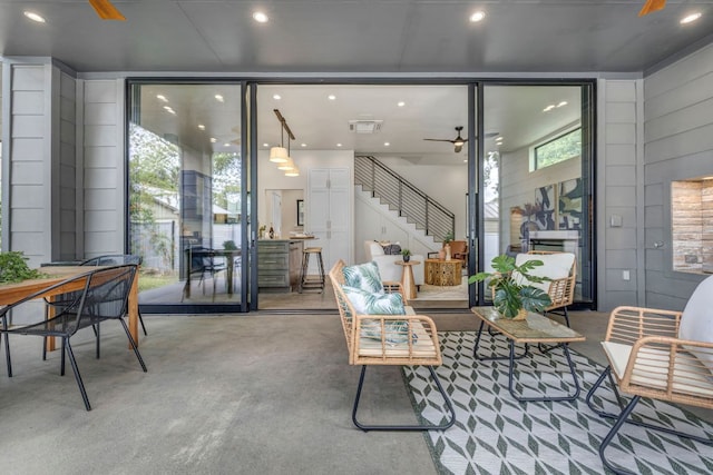 803 Josephine St, Austin, TX 78704 - living room featuring stairway, ceiling fan, and recessed lighting