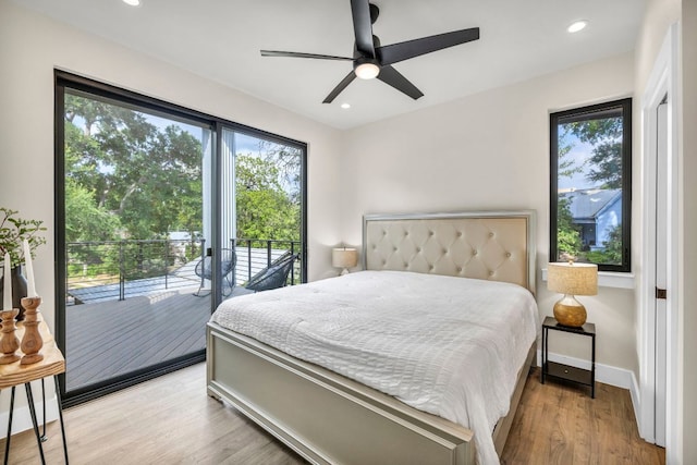 803 Josephine St, Austin, TX 78704 - bedroom with access to exterior, wood finished floors, recessed lighting, baseboards, and a ceiling fan
