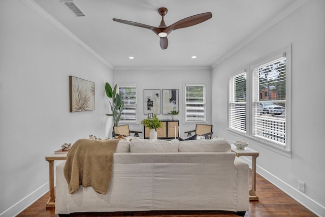 803 Josephine St, Austin, TX 78704 - living area featuring ceiling fan, baseboards, ornamental molding, dark wood-style floors, and recessed lighting